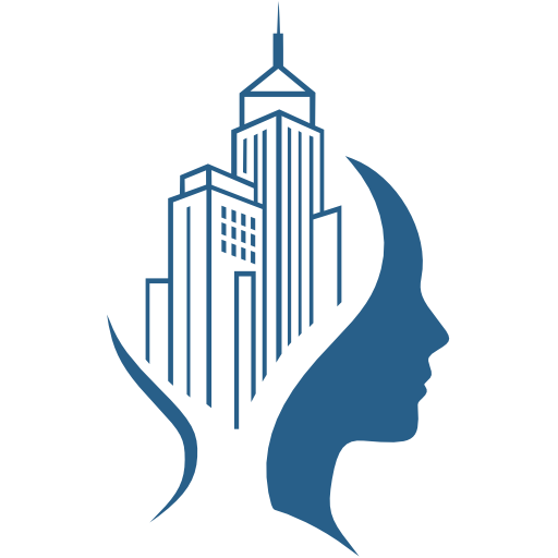 Blue outline illustration of a city skyline integrated with the profile of a human face on a light gray background.