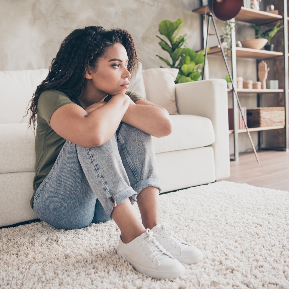 Photo of tired depressed girl dressed khaki t-shirt feeling loneliness indoors house apartment room